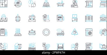 Set di icone lineari per l'industria dell'arredamento. Tappezzeria, tessuti, arredamento, Design, illuminazione, Tavoli, sedie vettore di linea e segnali concettuali. Divani, armadi Illustrazione Vettoriale