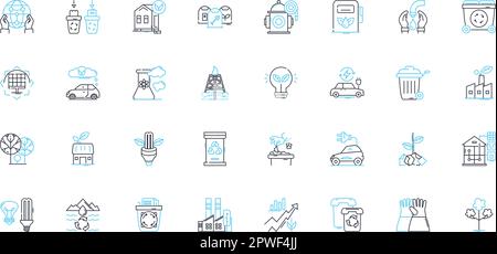 Set di icone lineari di sostenibilità verdi. Ecocompatibile, rinnovabile, non contenente carbonio, biologica, riciclabile, Vettore di linea biodegradabile e compostabile e. Illustrazione Vettoriale