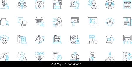Set di icone lineari per l'acquisizione di talenti. Reclutamento, assunzione, selezione, approvvigionamento, screening, Segnaletica di valutazione, vettore di linea d'imbarco e di concetto. Ritenzione Illustrazione Vettoriale