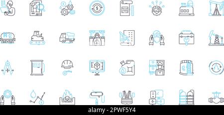 Set di icone lineari per impianti di produzione. Automazione, assemblaggio, attrezzatura, produzione, qualità, Efficienza, vettore di linea di manutenzione e segnali concettuali Illustrazione Vettoriale