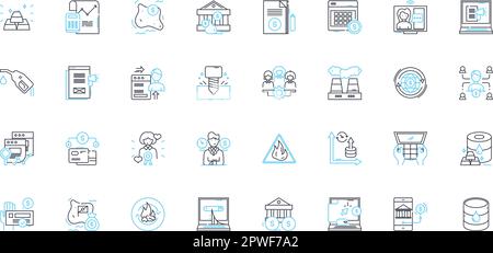 Set di icone lineari per dilemma fiscale. Bilancio, debito, deficit, tasse, inflazione, Spesa, vettore di linea di ricavo e segnali di concetto. Tagli economici, austerità Illustrazione Vettoriale
