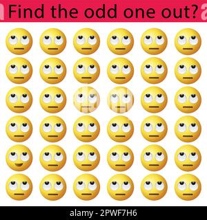 Individuare il foglio illustrativo del vettore ODD One out. Individuare la differenza. Sfida emoji. Illustrazione Vettoriale