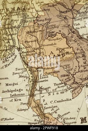 Una mappa color seppia vintage della Thailandia. Foto Stock