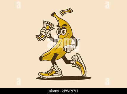 Mascotte vintage carattere design di banana in possesso di denaro Illustrazione Vettoriale