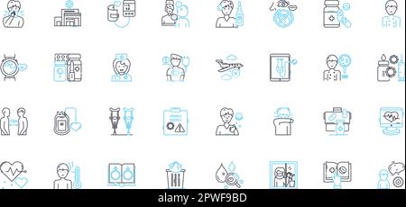 Set di icone lineari per il settore sanitario remoto. TeleHealth, Telemedicina, Assistenza sanitaria virtuale, e-Health, Teleconsulto, Monitoraggio remoto, linea di teleterapia Illustrazione Vettoriale