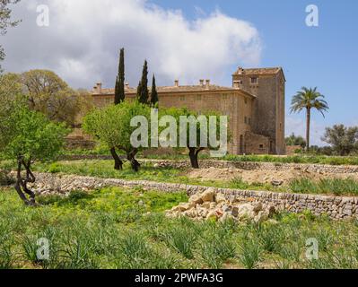 Grande casa padronale di campagna circondata da oliveti vicino a Deia, sulla costa nord di Maiorca in Spagna Foto Stock