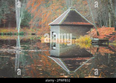 Una colorata scena boschiva autumana di un vecchio boathouse abbandonato su un tranquillo lago riflessione sul lago Loch Dunmore a Faskally Forest a Perth e Kin Foto Stock