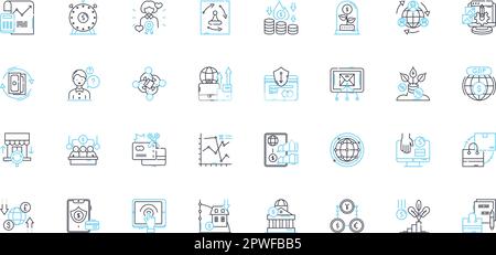 Set di icone lineari per la finanza pubblica. Bilancio, entrate, spese, imposte, debito, Segni di deficit, vettore di linea eccedente e di concetto. Sovvenzioni, prestiti Illustrazione Vettoriale