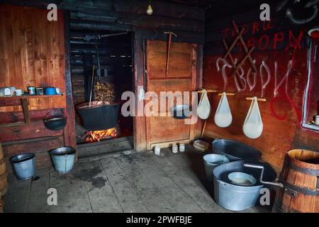 Produzione di formaggio di pecora biologico in montagna lignea fabbrica di formaggio carpazi con un calderone fumato bollente con latte a fuoco aperto, Ucraina occidentale, Europ Foto Stock