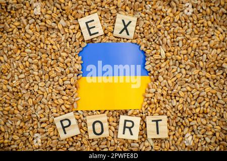 Le esportazioni di cereali in Ucraina sono discutibili. La parola esportazioni e la bandiera dell'Ucraina sullo sfondo del grano. Foto Stock