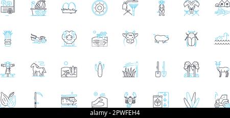 Set di icone lineari di coltivazione. Agricoltura, raccolto, trattore, raccolti, bestiame, Fertilizzante, vettore di linea di irrigazione e segnali concettuali. Rurale, vendemmiatrice, terreno Illustrazione Vettoriale