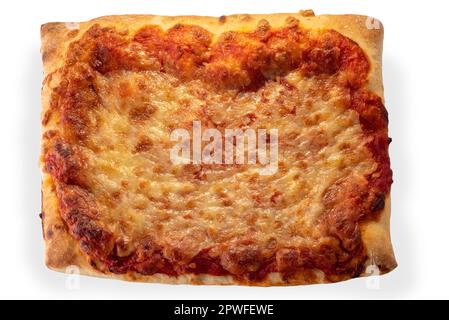 Pizza quadrata con pomodoro e formaggio in vista superiore isolato su bianco con percorso di ritaglio Foto Stock