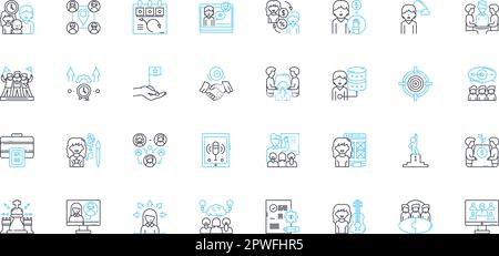 Set di icone lineari per conferenze nella sala riunioni. Discussione, strategia, processo decisionale, presentazione, collaborazione, Pianificazione, vettore di linea Brainstorm e. Illustrazione Vettoriale
