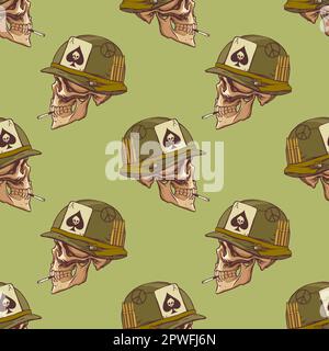 Modello militare di cranio e casco soldato vietnamiti in stile drow a mano per la stampa e il design. Illustrazione vettoriale. Illustrazione Vettoriale
