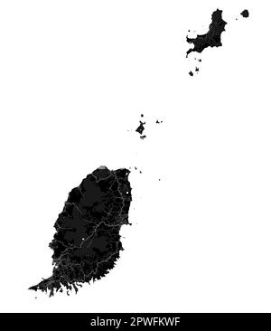 Mappa di Grenada nera, isole caraibiche paese. Mappa dettagliata con confine amministrativo, costa, mare e foreste, città e strade. Illustrazione Vettoriale