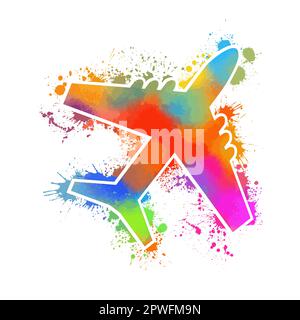 Aereo aereo mondo viaggio icona concetto design con blot colorati. Stampa di T-shirt. Supporti misti. Illustrazione vettoriale Illustrazione Vettoriale