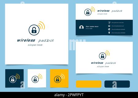 Logo con lucchetto wireless con slogan modificabile. Libro di branding e modello biglietto da visita. Illustrazione Vettoriale