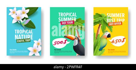 Set di volantini tropicali per sconti tour caldi con 3D illustrazione di uccelli tropici, palme e fiori, modello isolato Illustrazione Vettoriale