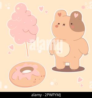 Adesivo carino in un concetto pastello su uno sfondo beige. Kawaii orso, ciambella, caramella di cotone.Kid graphic.Vector Illustration. Illustrazione Vettoriale