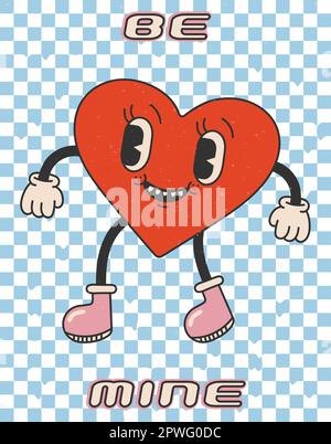 Be mine.bright Groovy poster 70s.retro, stampe vintage con texture grunge.Card per San Valentino Day.Y2K.Vector flat Illustrazione Vettoriale