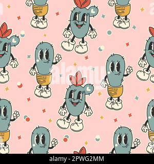 Motivo senza cuciture in stile retrò alla moda, Y2K con personaggi cartoni animati. Cactus carino vettore. illustrazione piatta Illustrazione Vettoriale