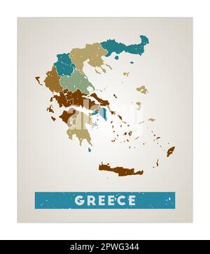 Mappa della Grecia. Poster del paese con le regioni. Vecchio grunge texture. Forma della Grecia con nome del paese. Sorprendente illustrazione vettoriale. Illustrazione Vettoriale