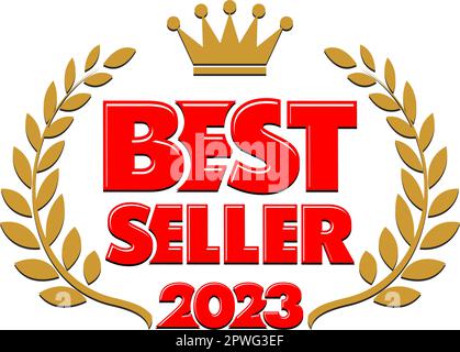 Bestseller pubblicità adesivo con corona di alloro e krown. Icona del vettore su sfondo trasparente Illustrazione Vettoriale