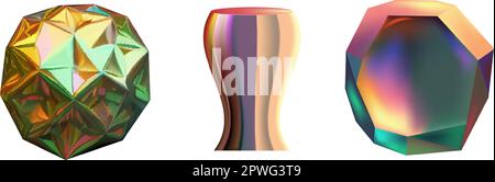 Le figure futuristiche del gradiente del neon possono essere usate per una varietà di scopi, compreso l'intrattenimento, l'istruzione e la visualizzazione scientifica.insieme delle forme geometriche del hologram. Iridescente moderno 3D oggetto multicolore. Illustrazione Vettoriale