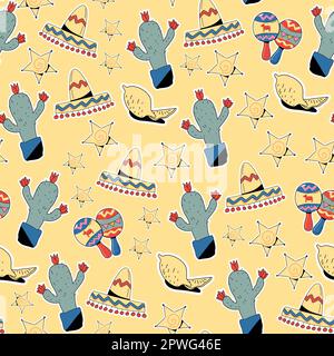 Illustrazione vettoriale con disegno per il messicano Holiday.Pattern con simboli messicani tradizionali Illustrazione Vettoriale