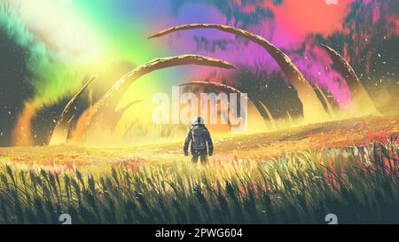 astronauta in prato fiorito sotto il cielo notturno colorato, arte digitale stile, pittura di illustrazione Foto Stock
