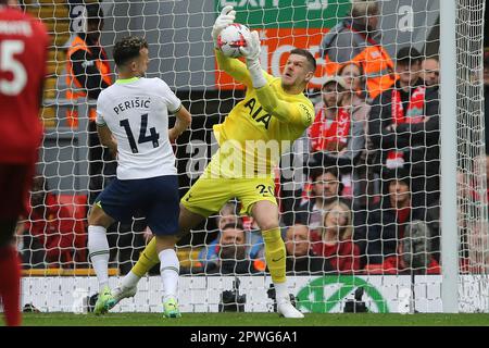 Liverpool, Regno Unito. 30th Apr, 2023. Fraser Forster, il portiere di Tottenham Hotspur cattura la palla come Ivan Perisic di Tottenham Hotspur guarda su. Incontro della Premier League, Liverpool contro Tottenham Hotspur ad Anfield a Liverpool domenica 30th aprile 2023. Questa immagine può essere utilizzata solo per scopi editoriali. Solo per uso editoriale, licenza richiesta per uso commerciale. Non è utilizzabile nelle scommesse, nei giochi o nelle pubblicazioni di un singolo club/campionato/giocatore. pic di Chris Stading/Andrew Orchard sports photography/Alamy Live news Credit: Andrew Orchard sports photography/Alamy Live News Foto Stock