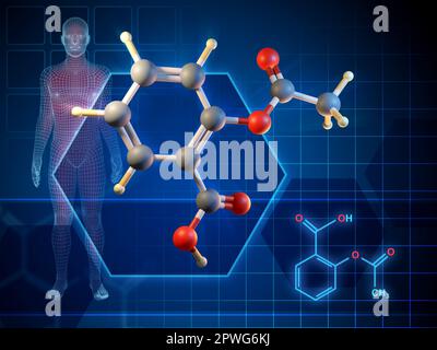 Formula della molecola di acido acetilsalicilico e diagramma 3D. Illustrazione digitale, rendering 3D. Foto Stock