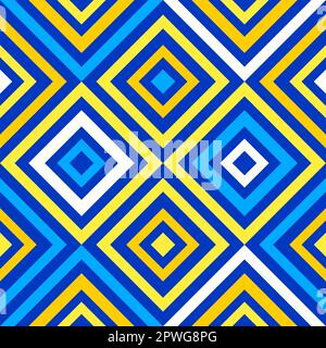 Geometria astratta, linee colorate pazze nei colori blu e giallo, forme a diamante geo pattern. Sfondo con pattern vettoriale senza giunture. Moda tessuto patt Illustrazione Vettoriale