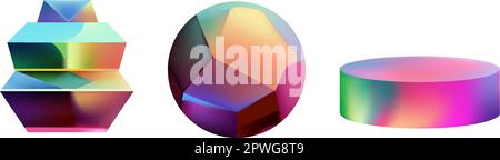 Le figure futuristiche del gradiente del neon possono essere usate per una varietà di scopi, compreso l'intrattenimento, l'istruzione e la visualizzazione scientifica.insieme delle forme geometriche del hologram. Iridescente moderno 3D oggetto multicolore. Illustrazione Vettoriale