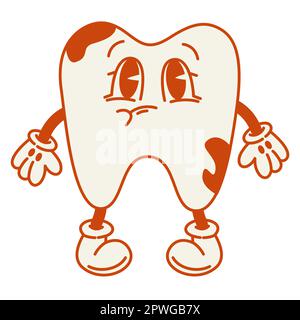 Cartone animato dente triste carino con caries.70, 80, stile retrò.Dental concetto, immagine vettoriale per poster, adesivo, stampa Illustrazione Vettoriale