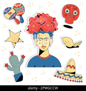 Adesivi messicani a tema. Set di adesivi vettoriali donna messicana, cactus, star, sombrero, maracas, limone, calaca Illustrazione Vettoriale