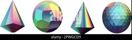 Le figure futuristiche del gradiente del neon possono essere usate per una varietà di scopi, compreso l'intrattenimento, l'istruzione e la visualizzazione scientifica.insieme delle forme geometriche del hologram. Iridescente moderno 3D oggetto multicolore. Illustrazione Vettoriale