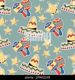 Illustrazione vettoriale con disegno per il messicano Holiday.Pattern con simboli messicani tradizionali Illustrazione Vettoriale