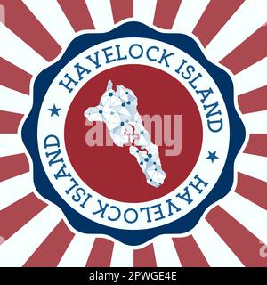 Havelock Island Badge. Logo rotondo dell'isola con mappa a maglia triangolare e raggi radiali. Vettore EPS10. Illustrazione Vettoriale