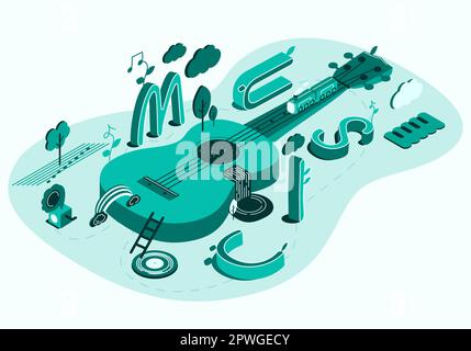 Music.Acoustic guitar flat 3D web isometric vector.Abstract fantasy music World con disco, gramoffphone, tasti e note. Illustrazione Vettoriale
