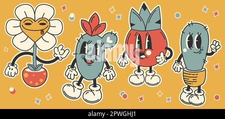 Cute piante adesivi set Y2K Style.Collection cartone animato piccolo 60,70 anni stile flowers.Vector per la stampa, cartolina, posta Illustrazione Vettoriale