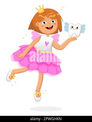 Carino piccolo dente fata con corona. Allegro dente fata principessa cartone animato character.Vector illustrarion per la stampa, poster Illustrazione Vettoriale