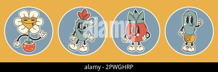 Cute piante adesivi set Y2K Style.Collection piccolo cartone animato 60,70 anni stile fiori, cactus.Vector per la stampa, icone, post Illustrazione Vettoriale