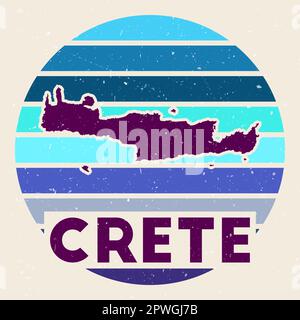 Logo di Creta. Firma con la mappa dell'isola e strisce colorate, illustrazione vettoriale. Illustrazione Vettoriale