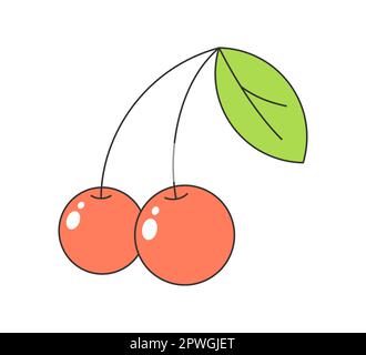 Retrò groovy ciliegia. Simbolo di coppia di frutti di bosco cartoni animati di hippie vintage. Illustrazione eps isolata vettoriale Y2K alla moda di stile Hippy Illustrazione Vettoriale