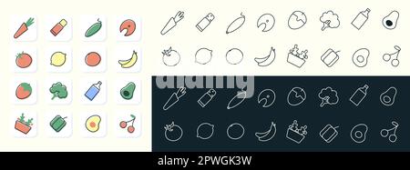 Set di cibi sani Icons.Vegetaries,acqua,pesce,frutta e frutti di bosco,muesli.logo,print.Pencil,colore bianco e nero.Vector Illustrazione Vettoriale
