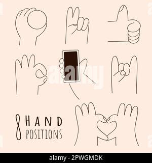 8 posizioni della mano.mano con il telefono, tiene il palloncino,pace,corna,okey,heart.Cartoon palmo naturale e polso.Set piatto Vector Illustrazione Vettoriale