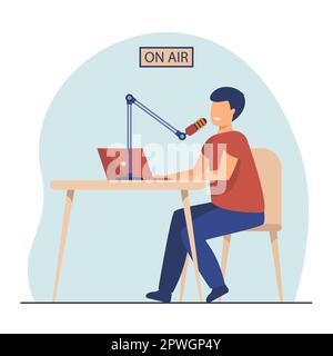 Host radio che parla al microfono del computer portatile Illustrazione Vettoriale