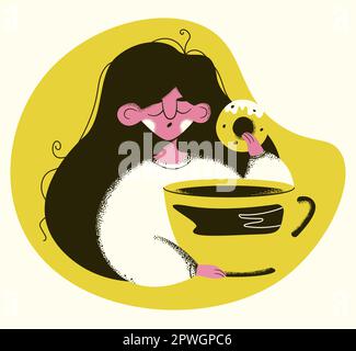 La ragazza si sveglia e beve caffè da grande tazza.Girl sta dormendo con grande tazza di caffè, tè, ciambella nella sua hand.Morning Illustrazione Vettoriale