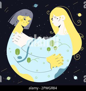 sole, luna e terra. dispositivo dell'universo. Ragazza sole e ragazza moon.Tarot, cartolina, banner, sfondo.Vector illustrazione Illustrazione Vettoriale